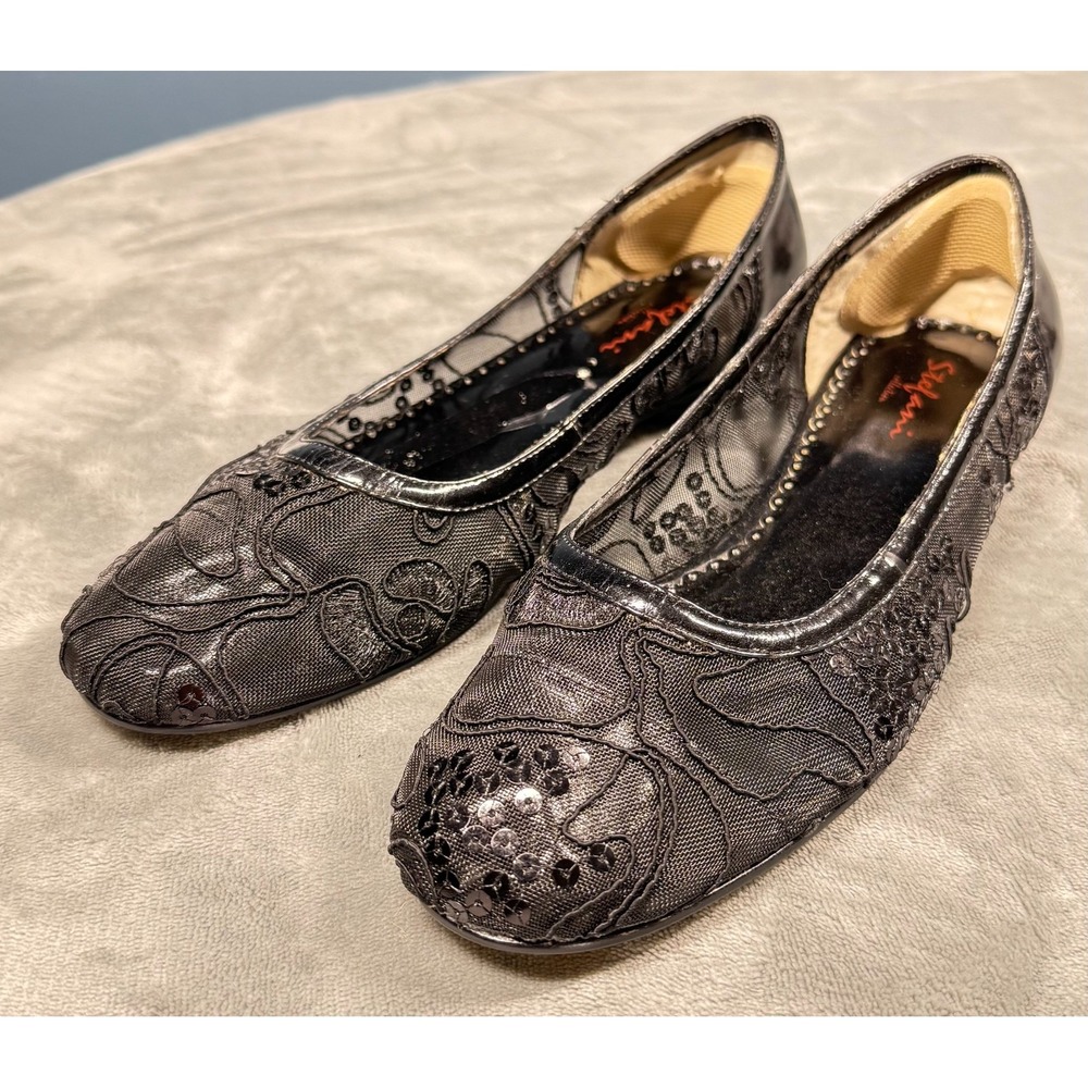 Stefani Collection Womens Flats 8.5M Black Lace Sequin Ballet Loafer